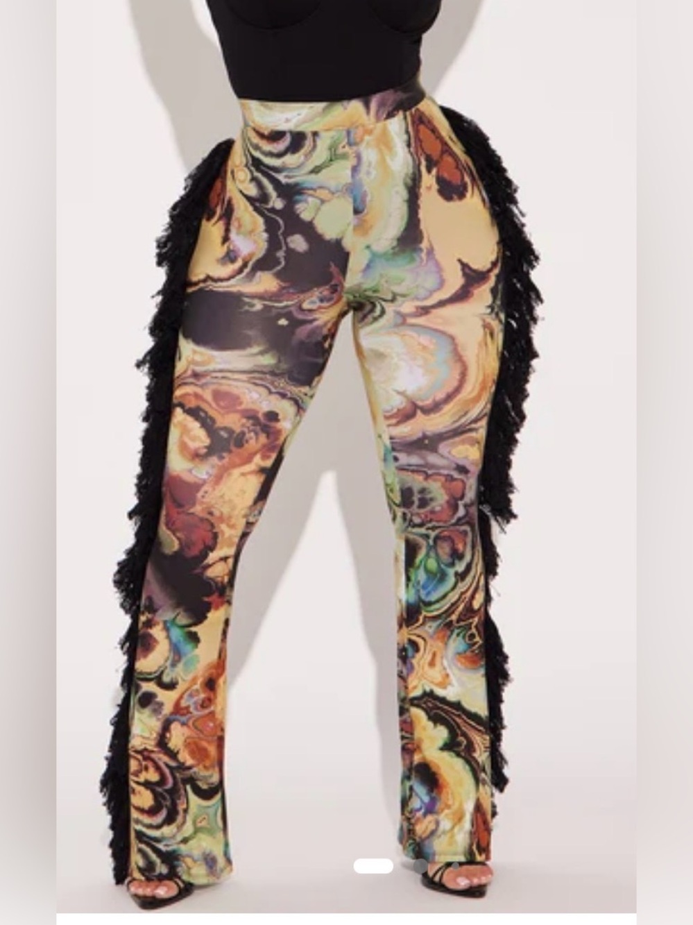Fashion Nova Marble Print Wide Leg Pants with Black Fringe